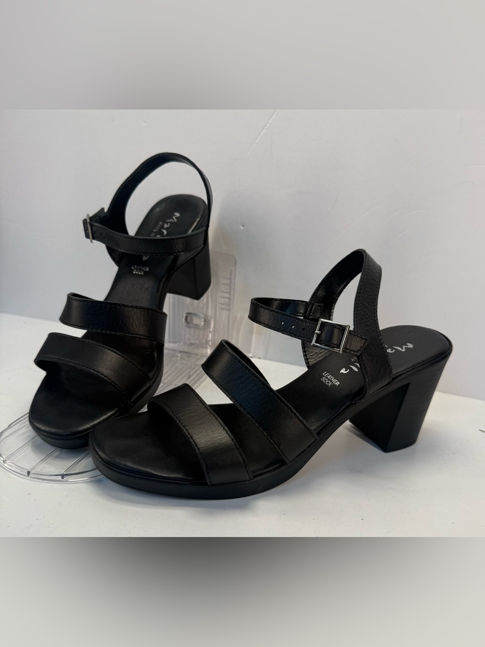 Mariella Women's Black leather Strappy Block Heel Sandals with Ankle Buckle 9